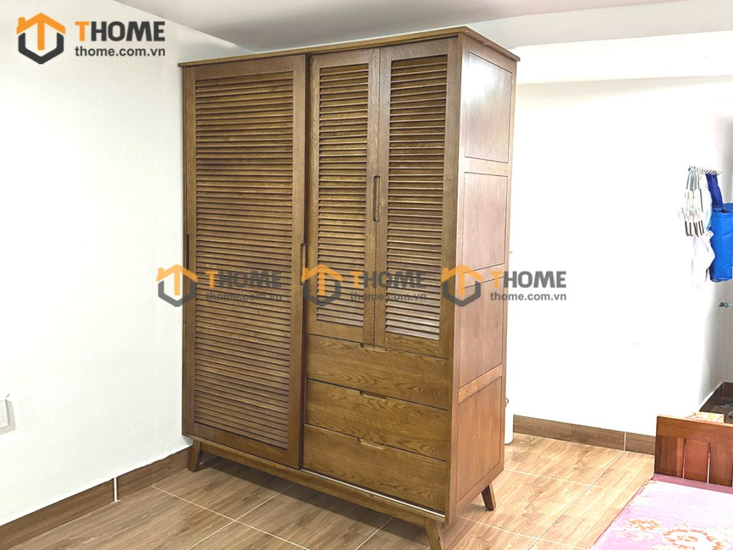Tủ áo gỗ sồi tự nhiên 2 cánh lùa 1 cánh mở Sunrise màu óc chó TA-06SN