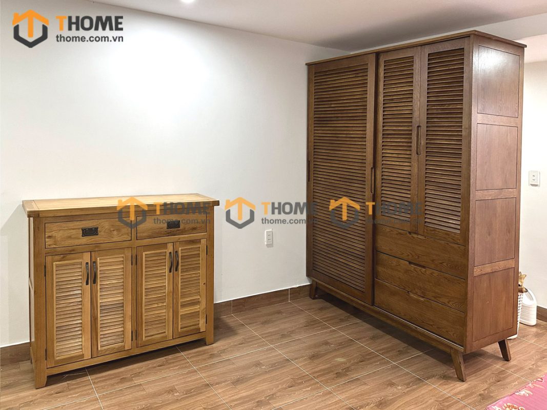 Tủ áo gỗ sồi tự nhiên 2 cánh lùa 1 cánh mở Sunrise màu óc chó TA-06SN