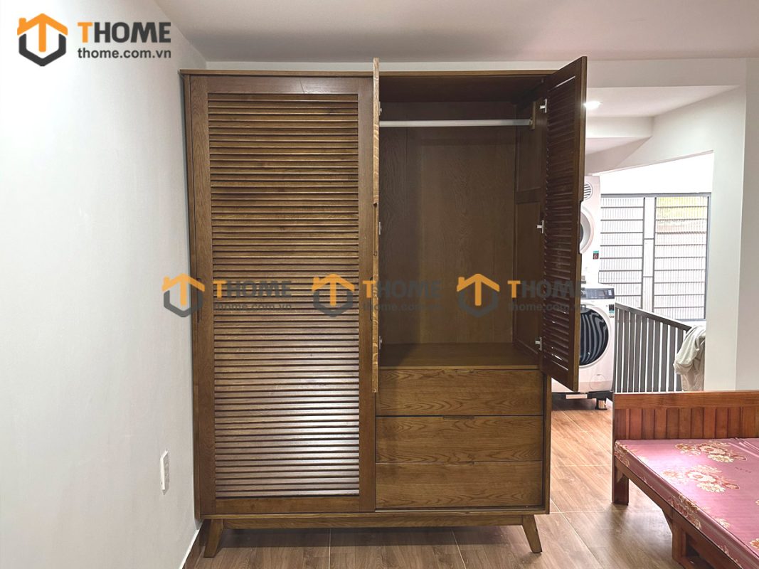 Tủ áo gỗ sồi tự nhiên 2 cánh lùa 1 cánh mở Sunrise màu óc chó TA-06SN