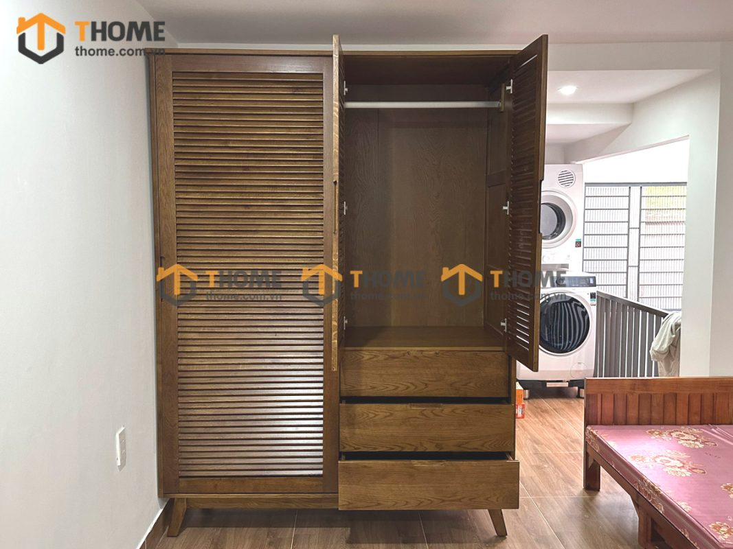 Tủ áo gỗ sồi tự nhiên 2 cánh lùa 1 cánh mở Sunrise màu óc chó TA-06SN