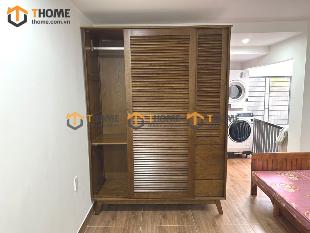 Tủ áo gỗ sồi tự nhiên 2 cánh lùa 1 cánh mở Sunrise màu óc chó TA-06SN