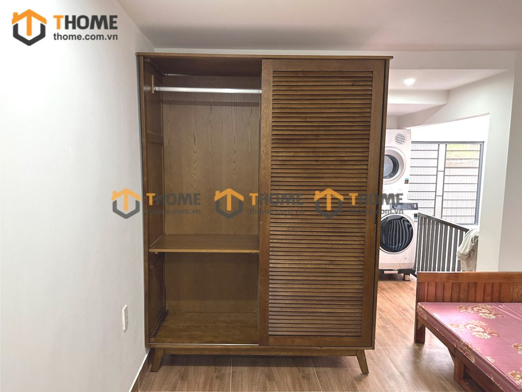 Tủ áo gỗ sồi tự nhiên 2 cánh lùa 1 cánh mở Sunrise màu óc chó TA-06SN
