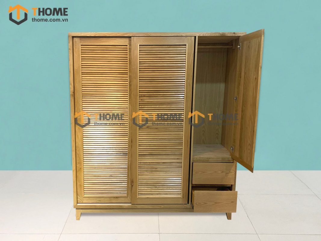 Tủ áo gỗ sồi tự nhiên 2 cánh lùa 1 cánh mở Titan màu tự nhiên TA-03SN