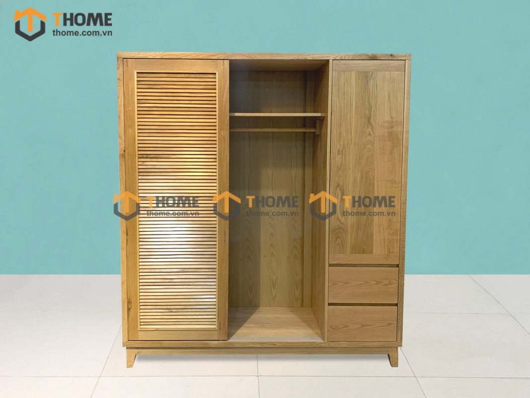 Tủ áo gỗ sồi tự nhiên 2 cánh lùa 1 cánh mở Titan màu tự nhiên TA-03SN