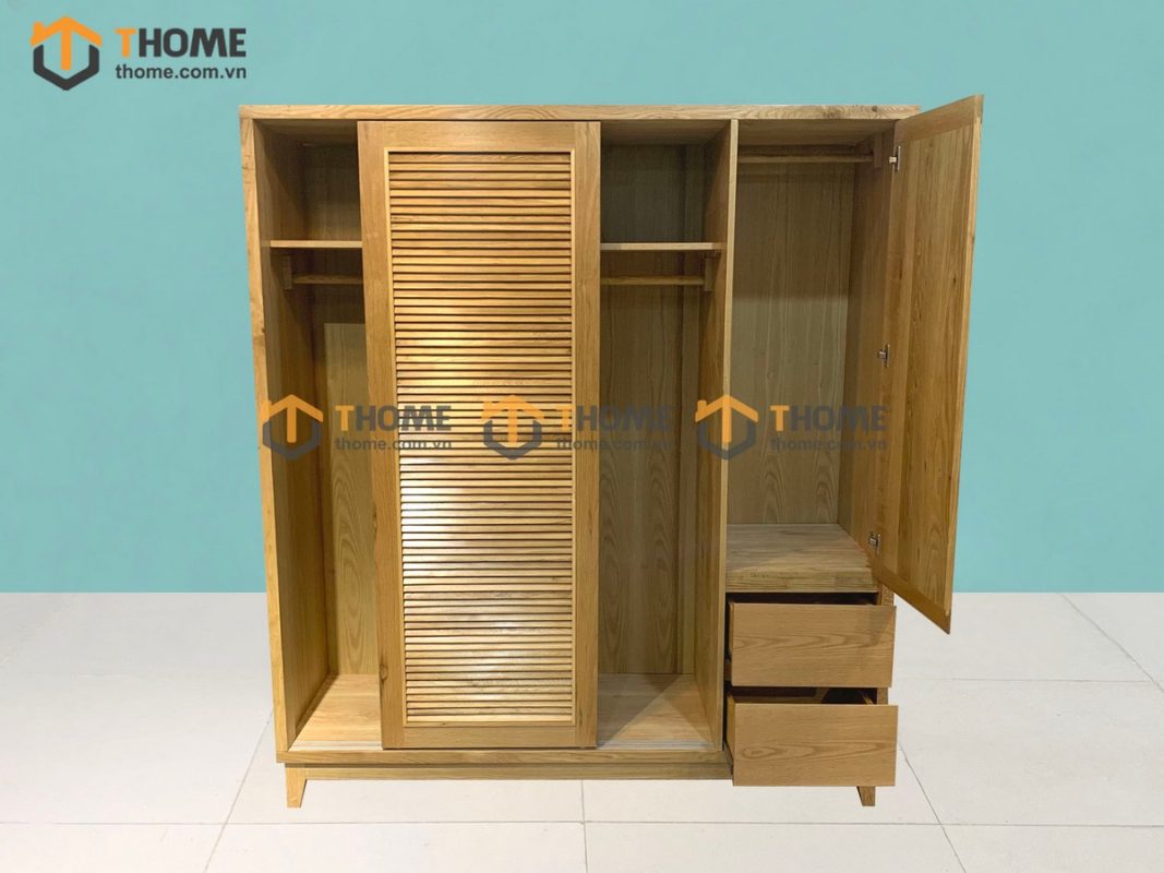 Tủ áo gỗ sồi tự nhiên 2 cánh lùa 1 cánh mở Titan màu tự nhiên TA-03SN