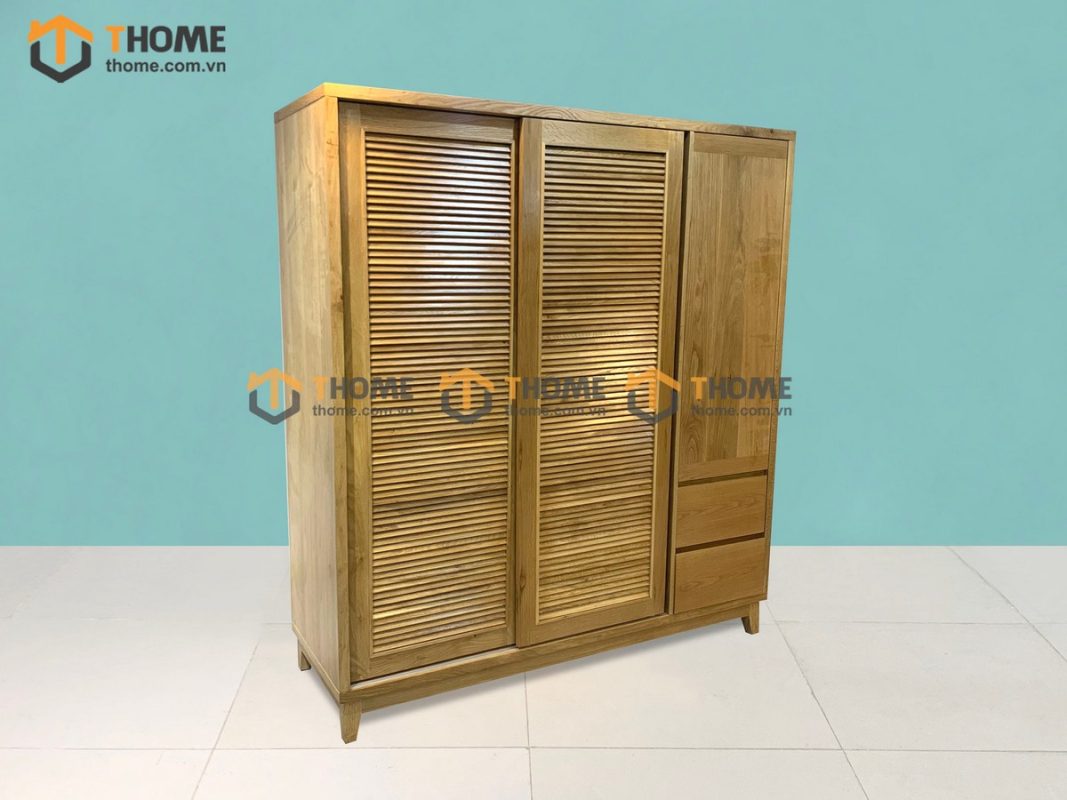 Tủ áo gỗ sồi tự nhiên 2 cánh lùa 1 cánh mở Titan màu tự nhiên TA-03SN