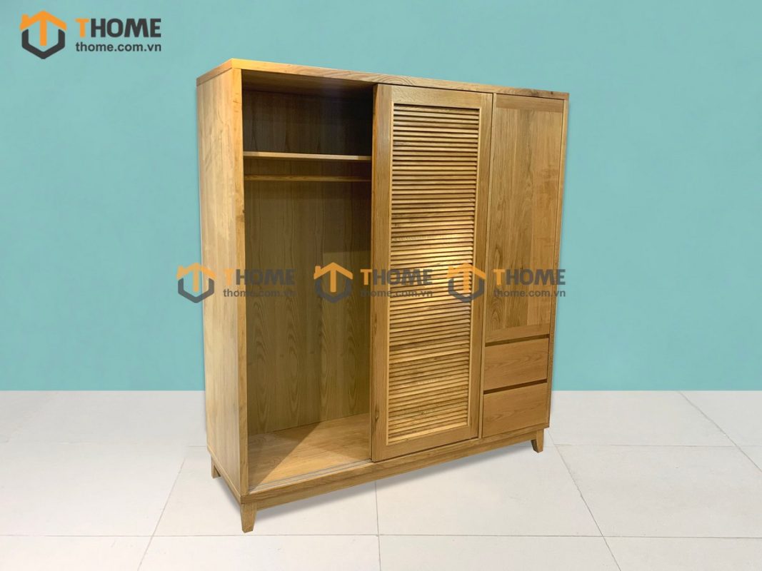 Tủ áo gỗ sồi tự nhiên 2 cánh lùa 1 cánh mở Titan màu tự nhiên TA-03SN