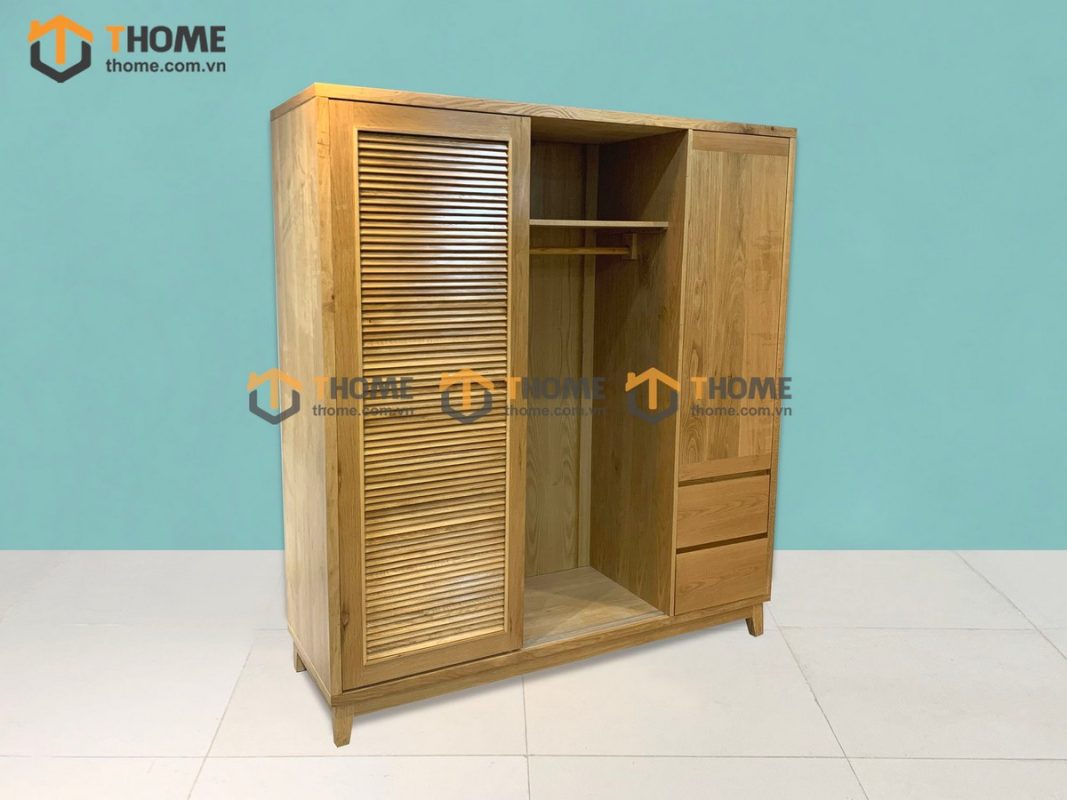 Tủ áo gỗ sồi tự nhiên 2 cánh lùa 1 cánh mở Titan màu tự nhiên TA-03SN