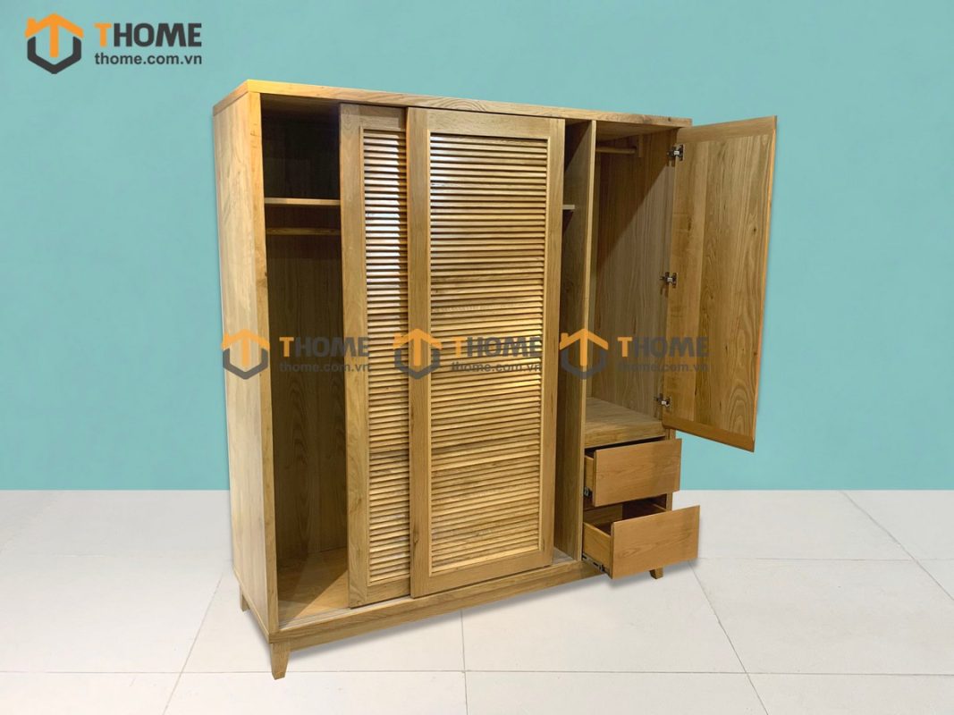 Tủ áo gỗ sồi tự nhiên 2 cánh lùa 1 cánh mở Titan màu tự nhiên TA-03SN