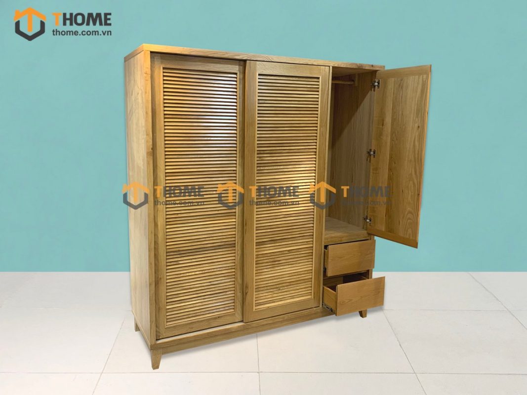 Tủ áo gỗ sồi tự nhiên 2 cánh lùa 1 cánh mở Titan màu tự nhiên TA-03SN