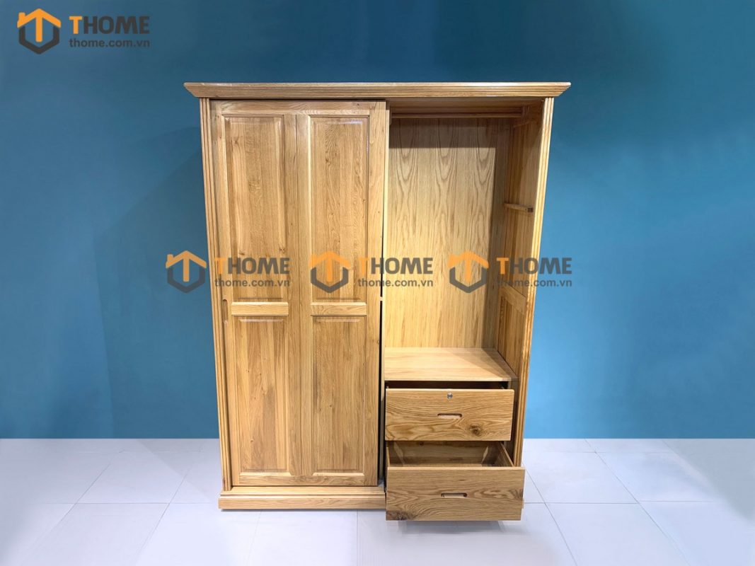 Tủ áo gỗ sồi tự nhiên 2 cánh lùa 6 pano TA-43SM