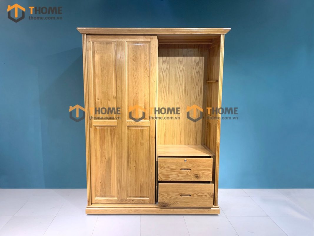 Tủ áo gỗ sồi tự nhiên 2 cánh lùa 6 pano TA-43SM