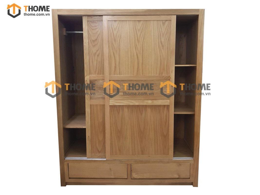 Tủ áo gỗ sồi tự nhiên 2 cánh lùa sọc ngang TA-17SM