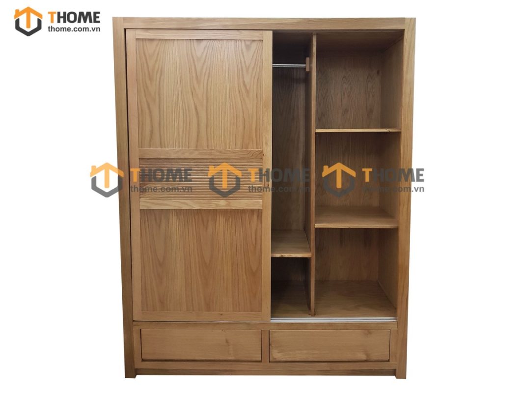 Tủ áo gỗ sồi tự nhiên 2 cánh lùa sọc ngang TA-17SM