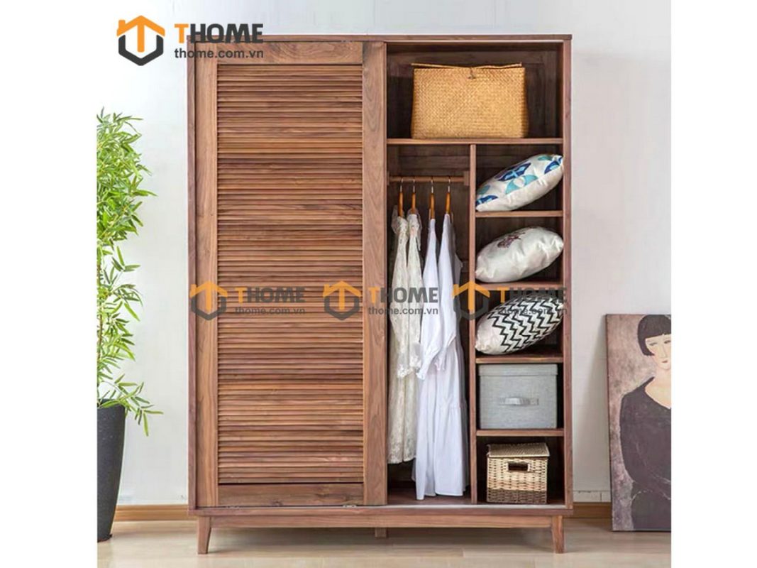 Tủ áo gỗ sồi tự nhiên 2 cánh lùa Nova màu óc chó TA-02SN