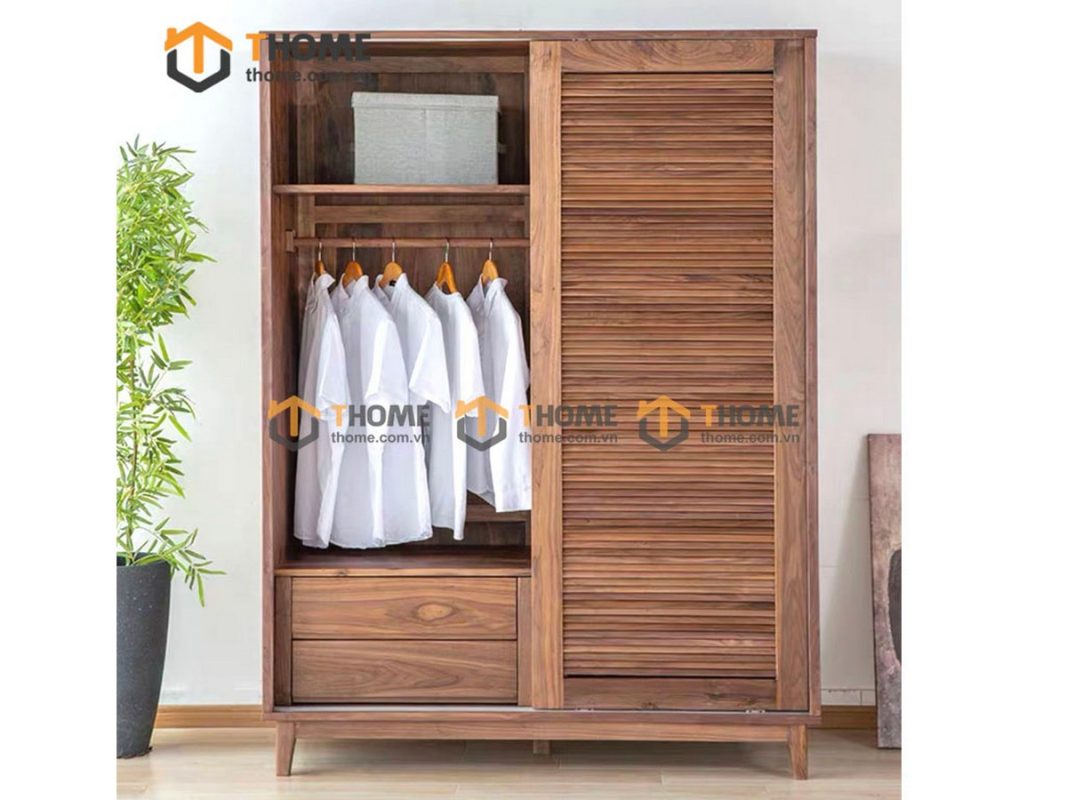 Tủ áo gỗ sồi tự nhiên 2 cánh lùa Nova màu óc chó TA-02SN