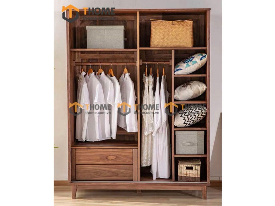 Tủ áo gỗ sồi tự nhiên 2 cánh lùa Nova màu óc chó TA-02SN