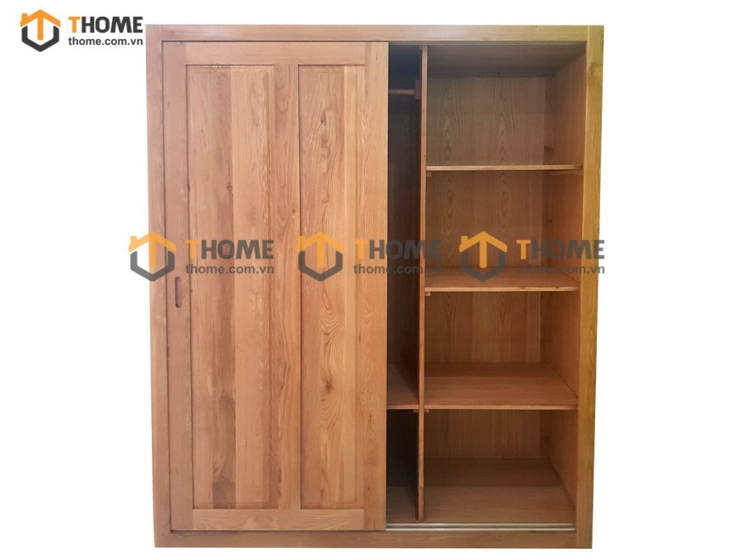 Tủ áo gỗ sồi tự nhiên 2 cánh lùa sọc đứng TA-18SM