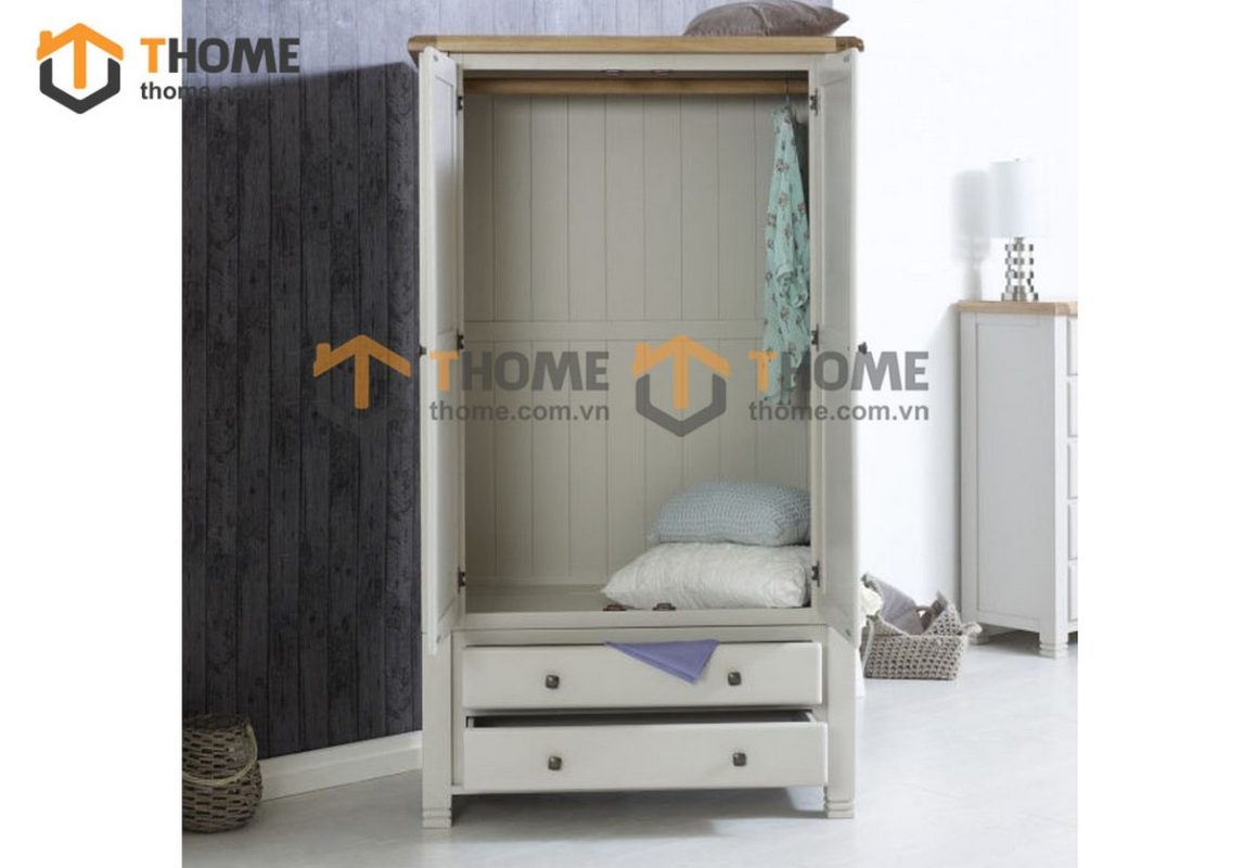 Tủ áo gỗ sồi tự nhiên 2 cánh mở Woodstock màu trắng TA-37SM