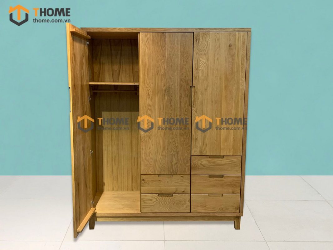 Tủ áo gỗ sồi tự nhiên 3 cánh mở 5 hộc kéo Capri màu tự nhiên TA-09SN