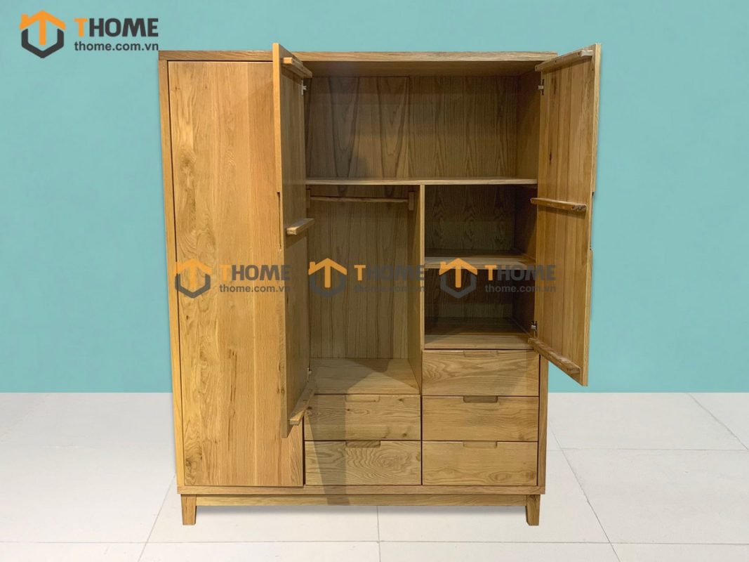 Tủ áo gỗ sồi tự nhiên 3 cánh mở 5 hộc kéo Capri màu tự nhiên TA-09SN