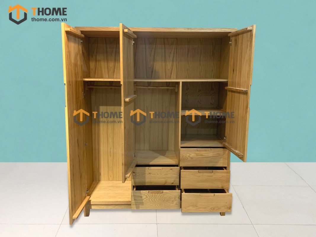 Tủ áo gỗ sồi tự nhiên 3 cánh mở 5 hộc kéo Capri màu tự nhiên TA-09SN