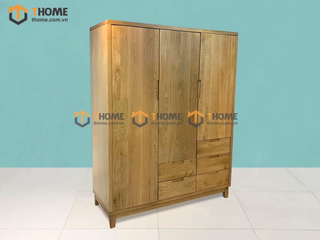 Tủ áo gỗ sồi tự nhiên 3 cánh mở 5 hộc kéo Capri màu tự nhiên TA-09SN
