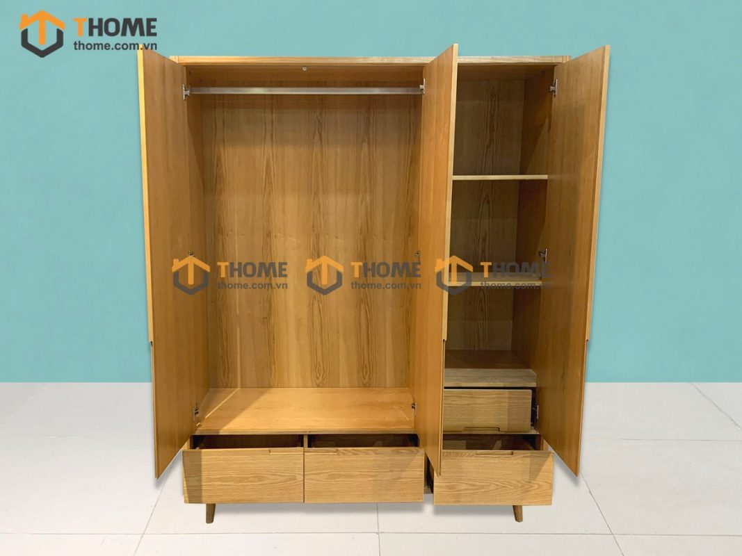 Tủ áo gỗ sồi tự nhiên 3 cánh mở 5 hộc kéo Capri màu tự nhiên TA-09SN