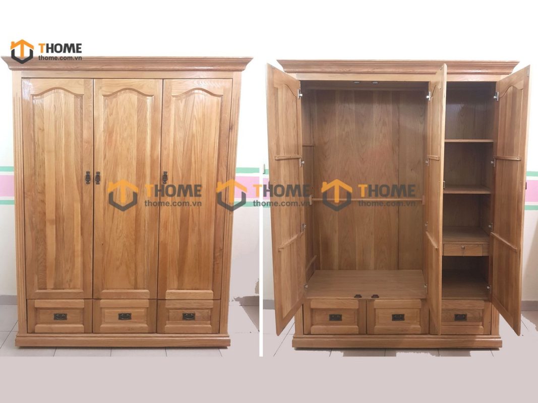 Tủ áo gỗ sồi tự nhiên 3 cánh mở pano TA-33SM