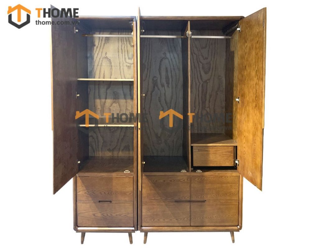 Tủ áo gỗ sồi tự nhiên 3 cánh mở 5 hộc kéo Capri màu óc chó TA-10SN