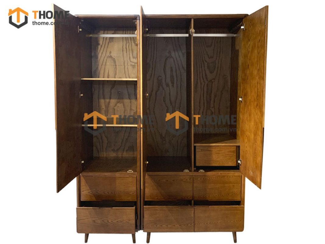 Tủ áo gỗ sồi tự nhiên 3 cánh mở 5 hộc kéo Capri màu óc chó TA-10SN