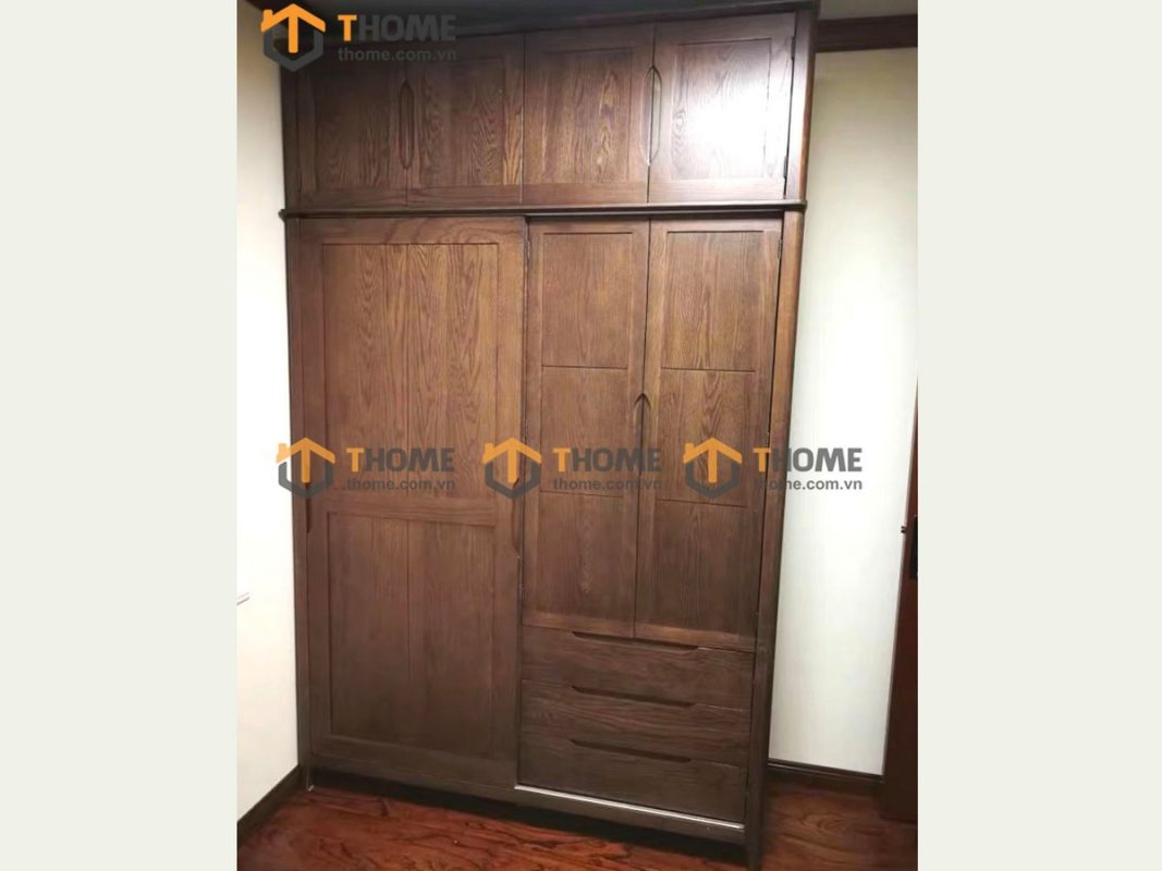 Tủ áo gỗ sồi tự nhiên đụng trần thiết kế 02 TA-12SN