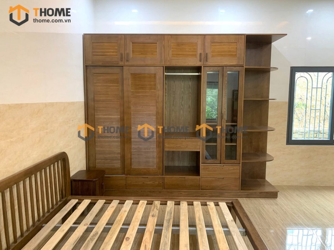Tủ áo gỗ sồi tự nhiên đụng trần thiết kế 05 TA-15SN