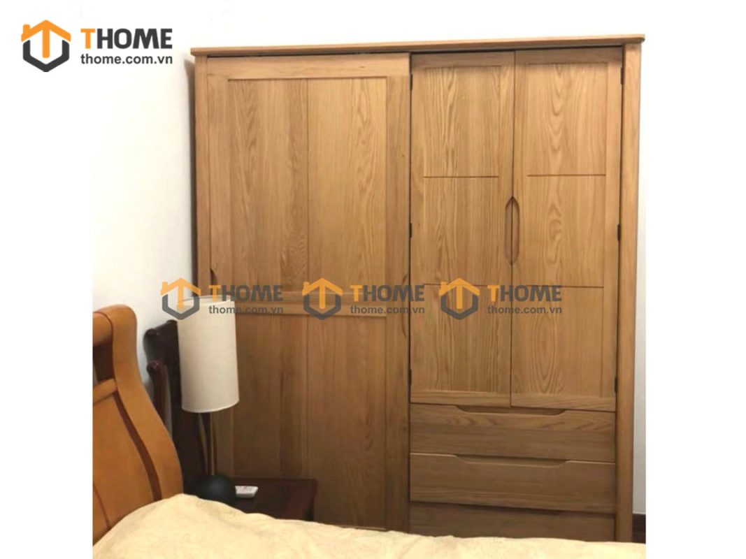 Tủ áo gỗ sồi tự nhiên 2 cánh lùa 1 cánh mở kín Sunrise màu tự nhiên TA-07SN