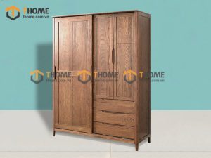 Tủ áo gỗ sồi tự nhiên 2 cánh lùa 1 cánh mở kín Sunrise màu óc chó TA-08SN