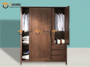 Tủ áo gỗ sồi tự nhiên 2 cánh lùa 1 cánh mở kín Sunrise màu óc chó TA-08SN