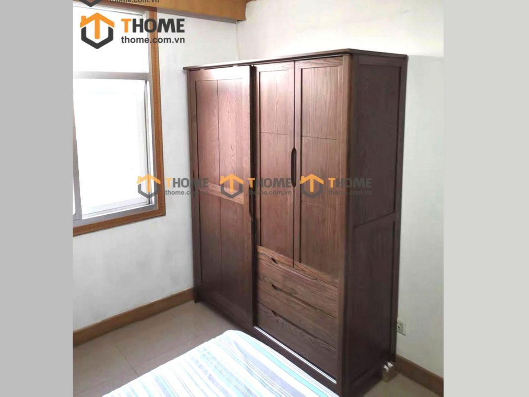 Tủ áo gỗ sồi tự nhiên 2 cánh lùa 1 cánh mở kín Sunrise màu óc chó TA-08SN
