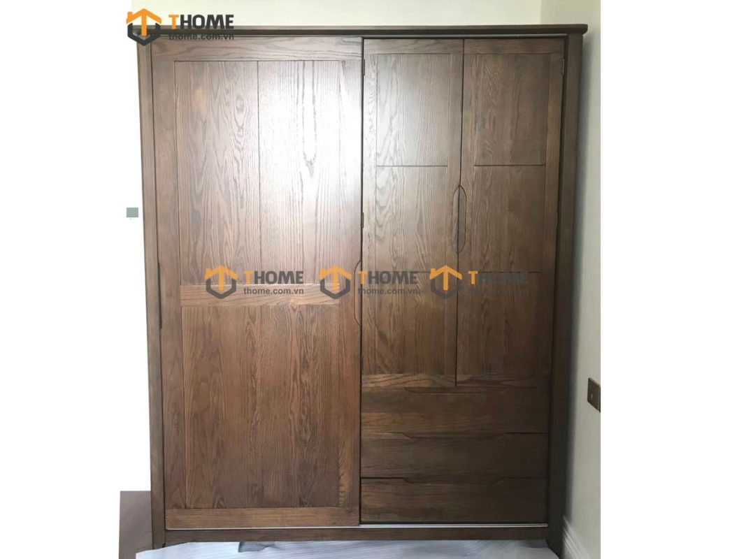 Tủ áo gỗ sồi tự nhiên 2 cánh lùa 1 cánh mở kín Sunrise màu óc chó TA-08SN