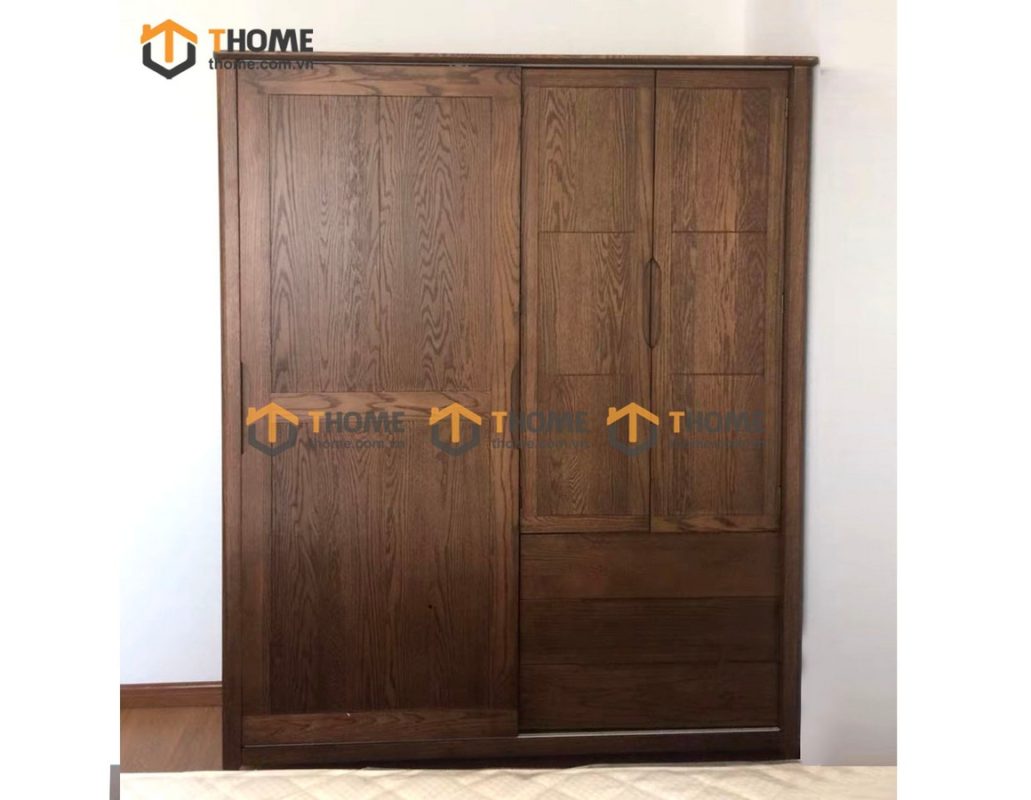 Tủ áo gỗ sồi tự nhiên 2 cánh lùa 1 cánh mở kín Sunrise màu óc chó TA-08SN
