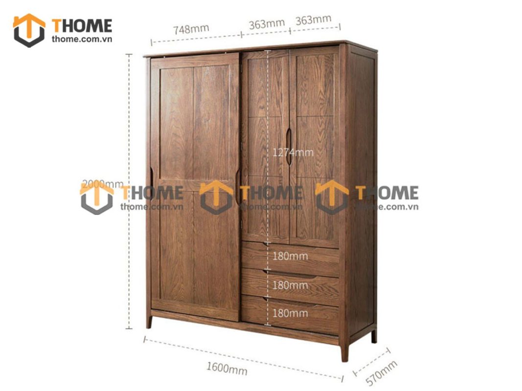 Tủ áo gỗ sồi tự nhiên 2 cánh lùa 1 cánh mở kín Sunrise màu óc chó TA-08SN
