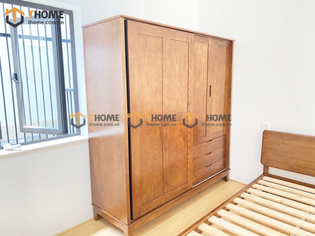 Tủ áo gỗ sồi tự nhiên 2 cánh lùa 1 cánh mở kín Sunrise màu óc chó TA-08SN