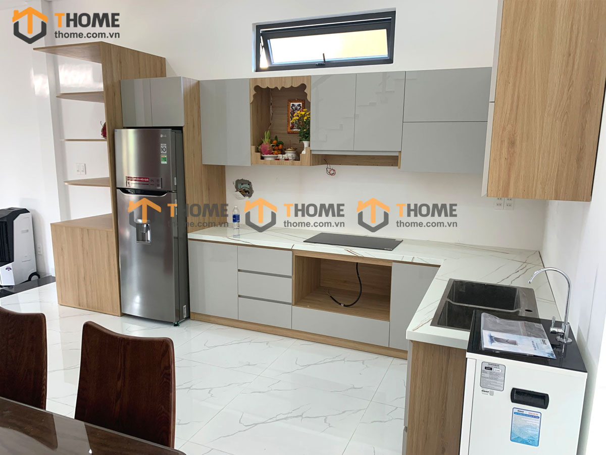 Tủ bếp gỗ công nghiệp Acrylic nhà Chị Ngân Thanh Quýt TB-04LIC