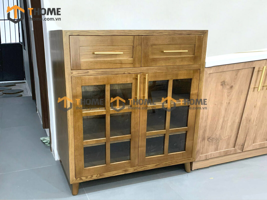 Tủ Chén Gỗ Sồi Tự Nhiên 2 Cánh 6 Ô Kính TC1T-08SN