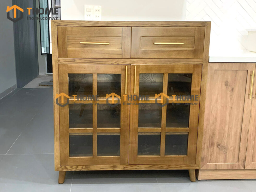 Tủ Chén Gỗ Sồi Tự Nhiên 2 Cánh 6 Ô Kính TC1T-08SN