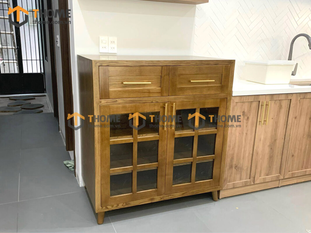 Tủ Chén Gỗ Sồi Tự Nhiên 2 Cánh 6 Ô Kính TC1T-08SN