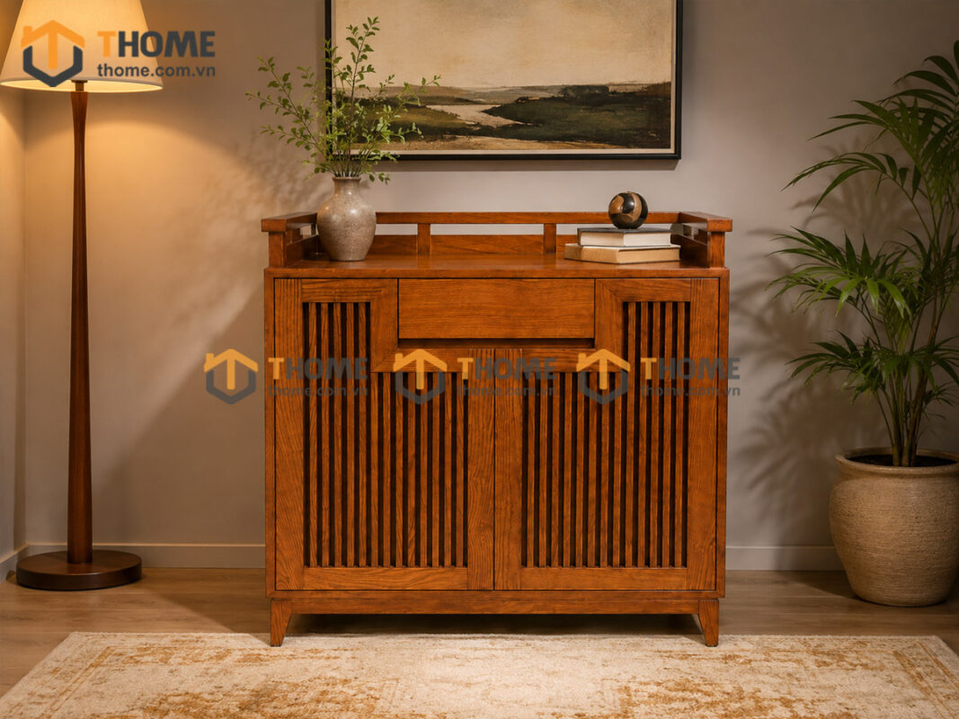 Tủ Chén Gỗ Sồi Tự Nhiên 2 Cánh Khuyết Sọc Đứng TC1T-13SN