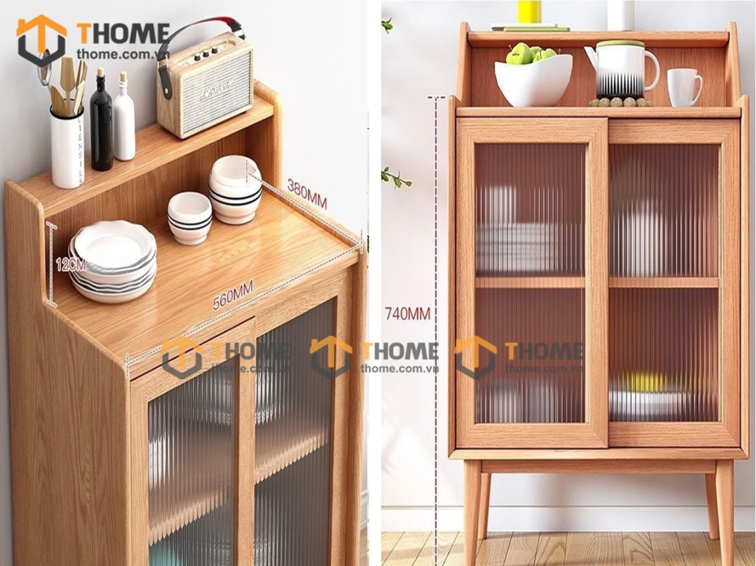 Tủ chén gỗ sồi tự nhiên 2 cánh trượt màu tự nhiên TC1T-16SN