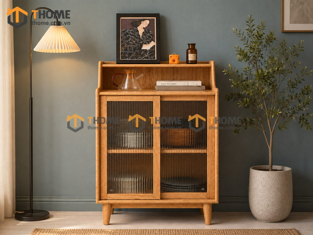Tủ Chén Gỗ Sồi Tự Nhiên 2 Cánh Trượt Màu Tự Nhiên TC1T-16SN