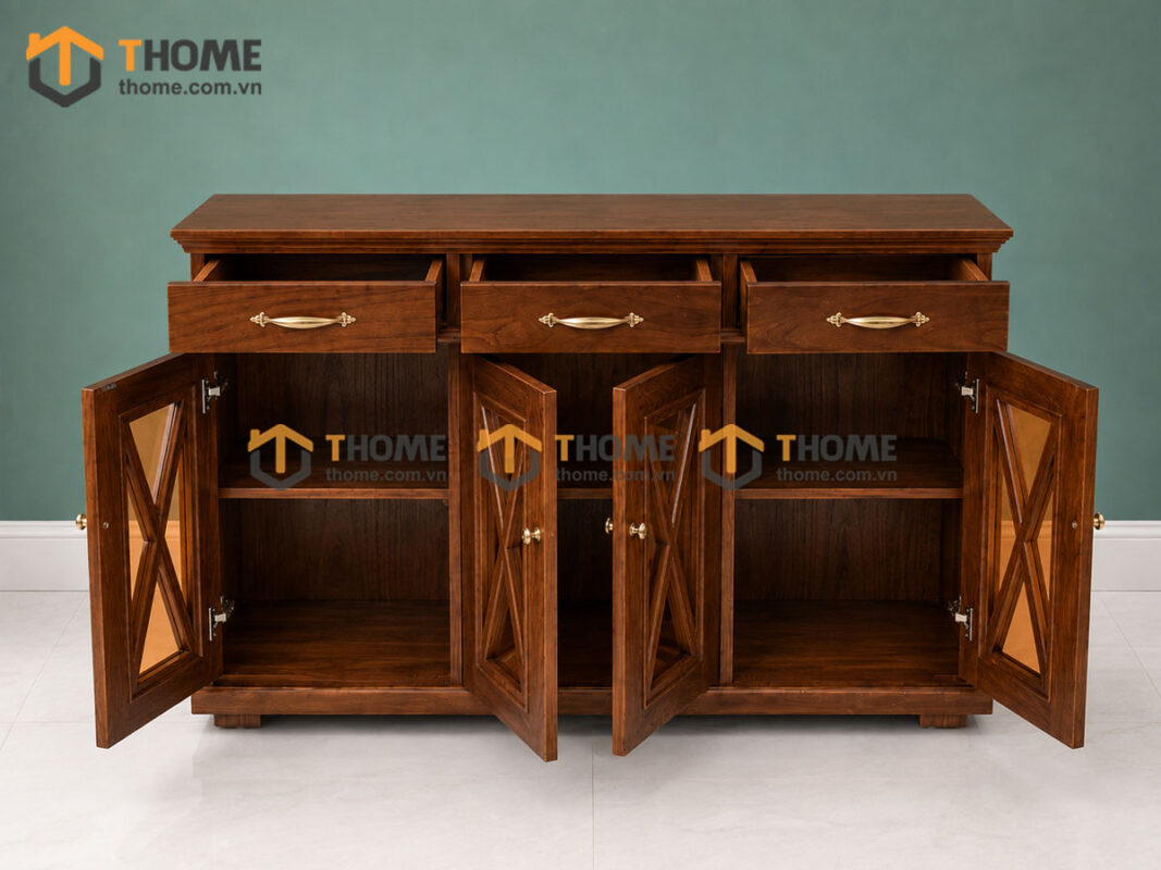 Tủ Chén Gỗ Sồi Tự Nhiên 3 Cánh Chữ X TC1T-09SN