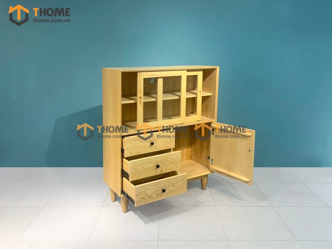 Tủ chén gỗ sồi tự nhiên 3 cánh 3 hộc kéo Mango màu tự nhiên TC1T-05SN